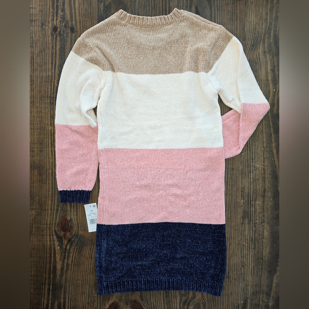 NWT Tween Diva Color Block Sweater Dress Sz 14 Taupe White Rose Navy